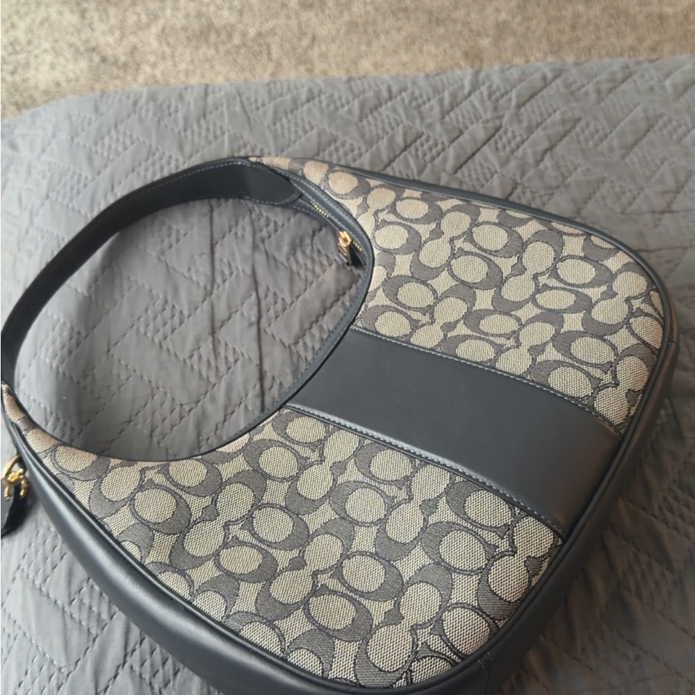 Coach navy Signature Jacquard Shoulder Hobo with Dark Leather Trim - Picture 2 of 11